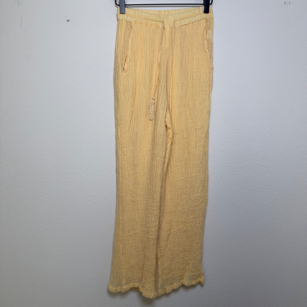 Monday Women 100% Linen Pants P Yellow Wide Leg Gauze Summer Resort Vacation